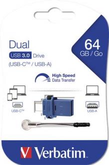 USB kľúč, 64GB, USB 3.0+USB-C adapter, VERBATIM, "DUAL"