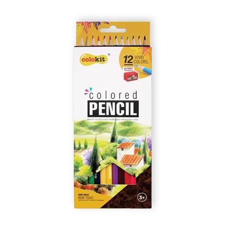Farebné ceruzky, sada, šesťhranné, so strúhadlom, COLOKIT, 12 rôznych farieb