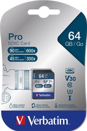 Pamäťová karta, SDXC, 64G B, CL10/U3, 90/45MB/sec, VERBATIM "PRO"