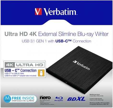 Blu-ray napaľovačka, (externá), 4K Ultra HD, USB 3.1 GEN 1 USB-C, VERBATIM "Slimeline"