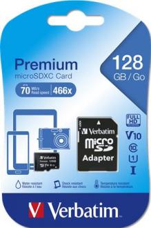 Pamäťová karta, Micro SDXC, 128GB, CL10/U1, 70/10 MB/s, s adaptérom, VERBATIM, "Premium"