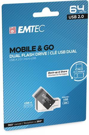 USB kľúč, 64GB, USB 2.0, USB-A/microUSB, EMTEC "T260B Mobile&Go"