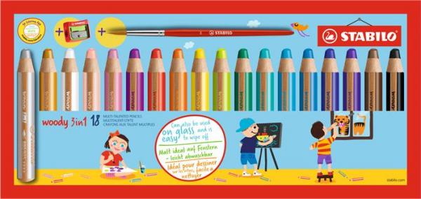 Farebné ceruzky, okrúhle, hrubé, STABILO "Woody 3 in 1", 18 rôznych farieb