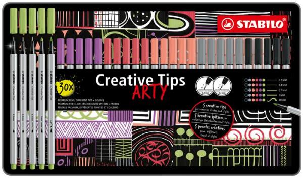 Liner, sada, v kovovej krabičke, STABILO "Creative Tips ARTY", 6 rôznych pastelových farie