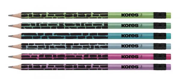 Grafitové ceruzky s gumou, HB, trojuholníkový tvar, KORES "Style Cracked", mix 6 kovových