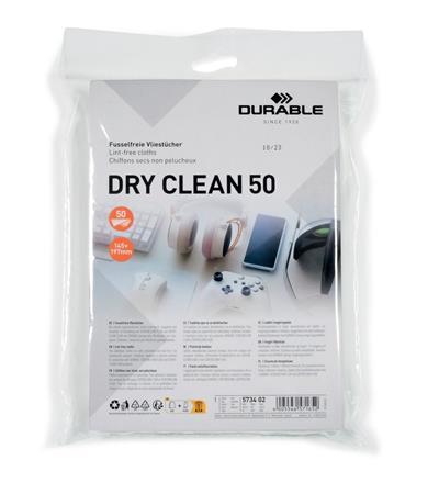 Čistiace utierky na monitory, 50 ka, DURABLE "DRY CLEAN 50", biela