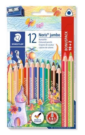 Farebné ceruzky, sada, trojhranné, hrubé, so strúhadlom, STAEDTLER "Noris Jumbo 128", 10+2