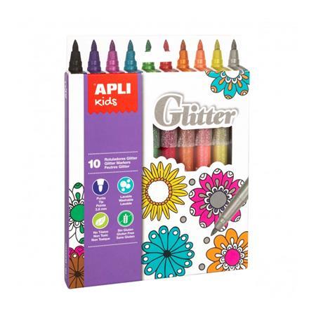 Sada fixiek, 7,5mm, glitrované, APLI "Kids Glitter", 10 rôznych farieb