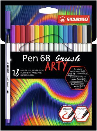 Fixky, sada, STABILO "Pen 68 brush ARTY", 18 rôznych farieb