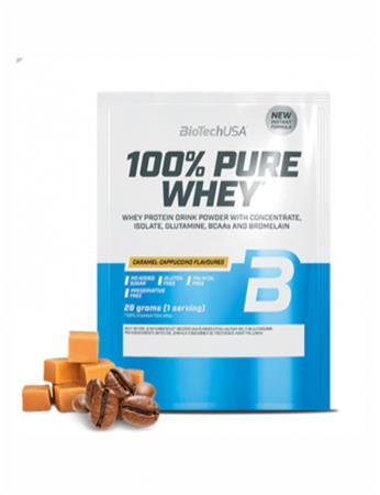 Srvátkový proteínový prášok, 28g, BIOTECH USA "100% Pure Whey", karamel-cappuccino 1