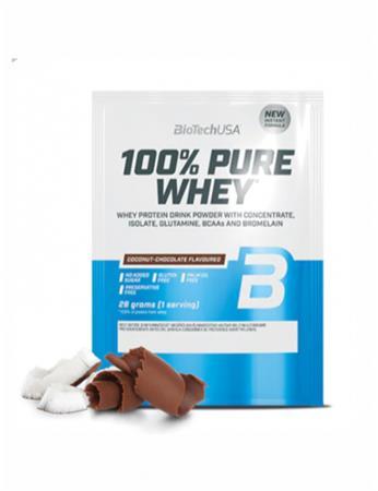 Srvátkový proteínový prášok, 28g, BIOTECH USA "100% Pure Whey", kokos-čokoláda 1