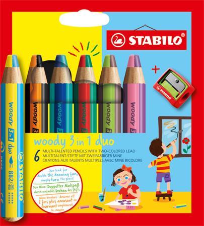 Farebné ceruzky, sada, STABILO "Woody 3 in 1 duo", 6 obojstranných rôznych farieb