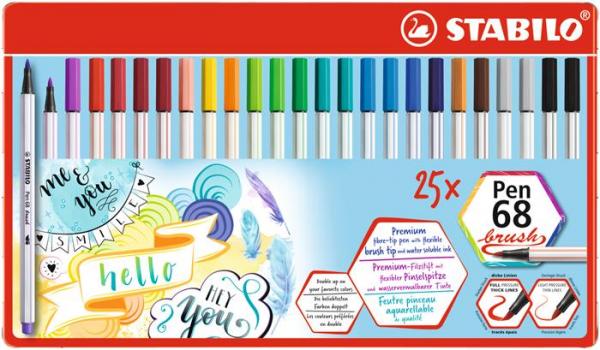 Fixky v tvare štetca, v plechovej krabičke, STABILO "Pen 68 brush", 19 rôznych farieb