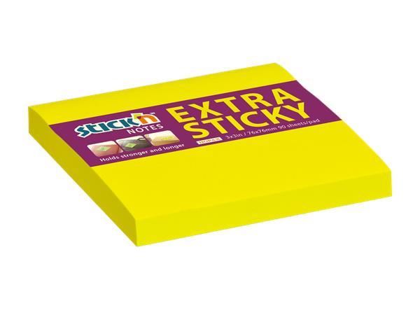 Samolepiaci poznámkový blok, 76x76 mm, 90 listov, STICK N "Extra Sticky", neónová žltá
