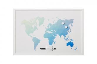 Odkazová tabuľa, magnetická, 60x40 cm, biely rám,  VICTORIA, "Mapa sveta"