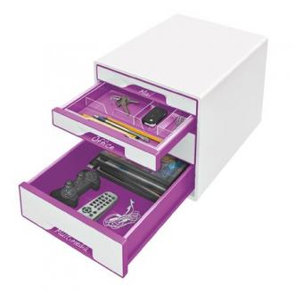 Zásuvkový box na dokumenty, plastový, 4 zásuvky, LEITZ "Wow Cube, biela/fialová