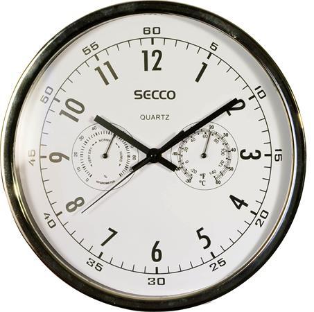 Nástenné hodiny, 30,5 cm, s vlhkomerom, s teplomerom, biely ciferník, SECCO, chrómový rám