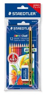 Farebné ceruzky, šesťhranné, darček: grafitová ceruzka a guma, STAEDTLER "Noris Club", 12