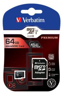 Pamäťová karta, microSDXC, 64GB, CL10/U1, 70/10 MB/s, s adaptérom, VERBATIM, "Premium"
