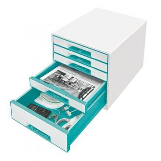 Zásuvkový box na dokumenty, plastový, 5 zásuviek, LEITZ "Wow Cube", biely/ľadovo modrý